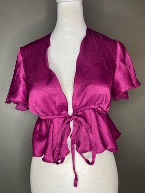 Urban Renewal Satin Magenta Tie-Front Flutter Sleeve Blouse - Size XS